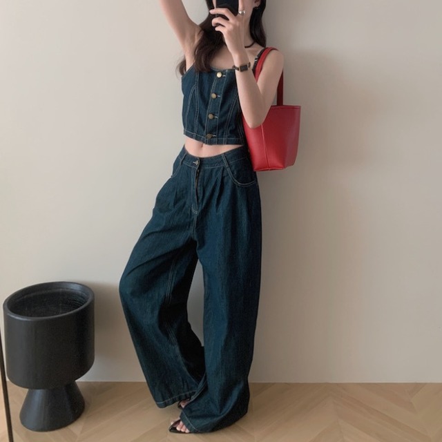 セットアップ セットアイテム トップス ビスチェ キャミソール デニム ボトムス ワイドパンツ Gパン デニムパンツ カジュアル リラクシー