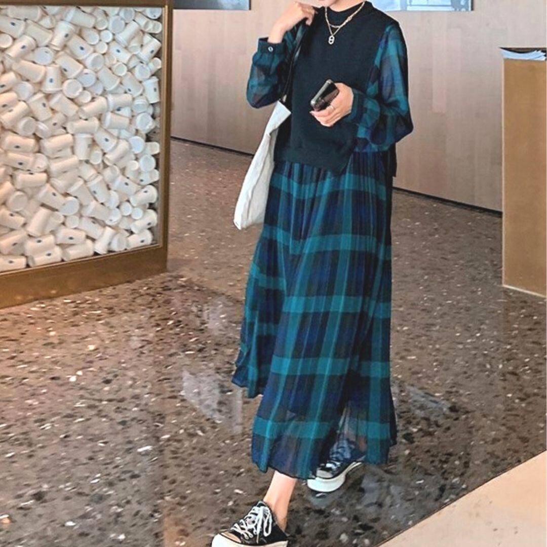 ベスト グリーンチェックのプリーツワンピース 7 Lurila