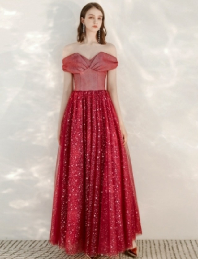 レッド　ロング　オフショルダー　パーティードレス　ipd0473