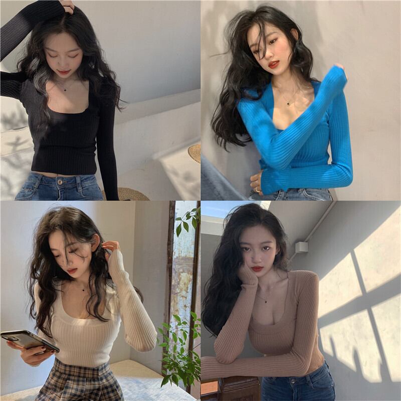 Tシャツ シャツ スリムショートニットオータムウィンターホワイトトップス ロング 秋物 冬物 ブラックストロベリース37529638287