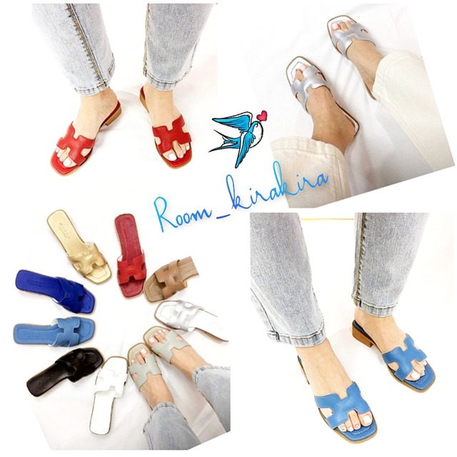 牛革製H型ミュールサンダル