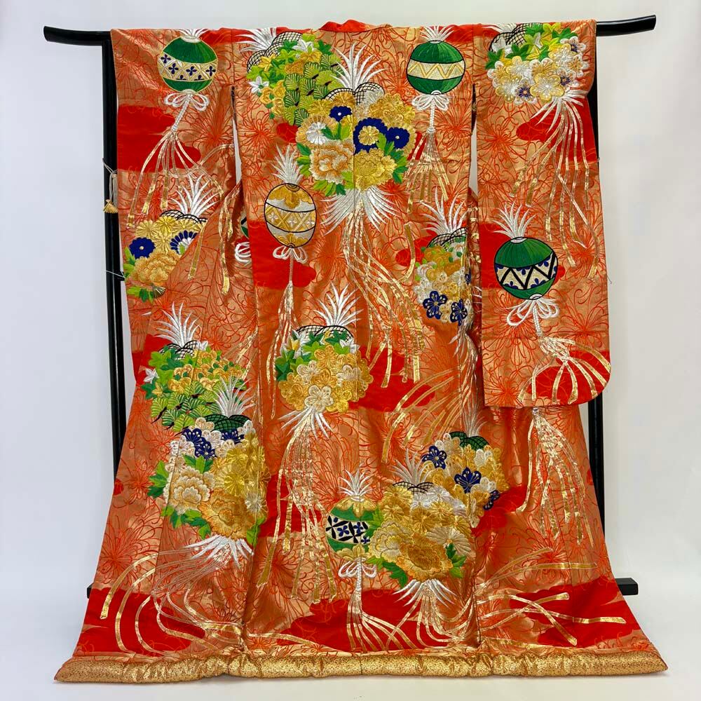 色打掛 正絹 鶴 刺繍 赤 橙 打掛 花嫁衣裳 婚礼 リサイクル 中古 ブライダル ウエディング 着物 4921