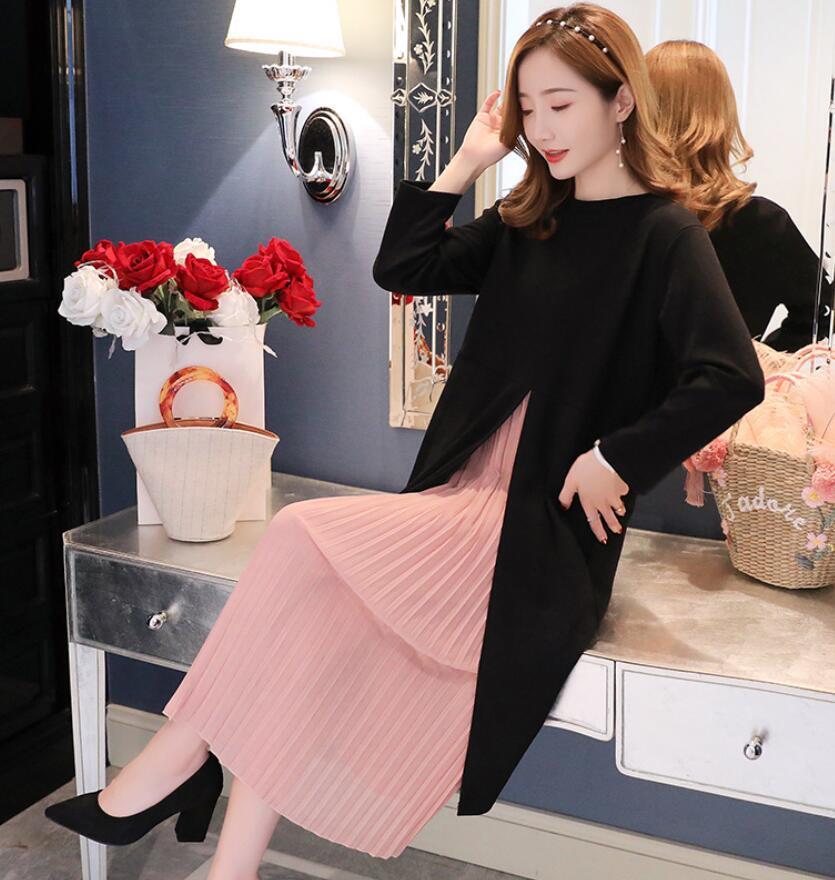 【新作】【送料無料】 shorha2020ウィンターマタニティ長袖コットンプリーツシフォンドレス妊婦冬ベーシックドレス ロング 冬物 AL expec37736203282