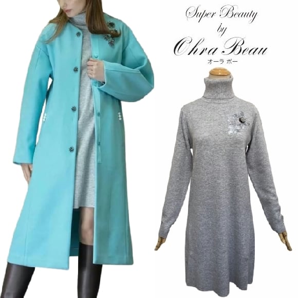 スーパービューティー ワンピース ニット タートルネック 胸元スパンコール刺繍 長袖 エレガント 上品 ミセス 2421030 グレー 2024年秋冬 オーラボー Super Beauty 大人かわいい服 30代 40代 50代 60代