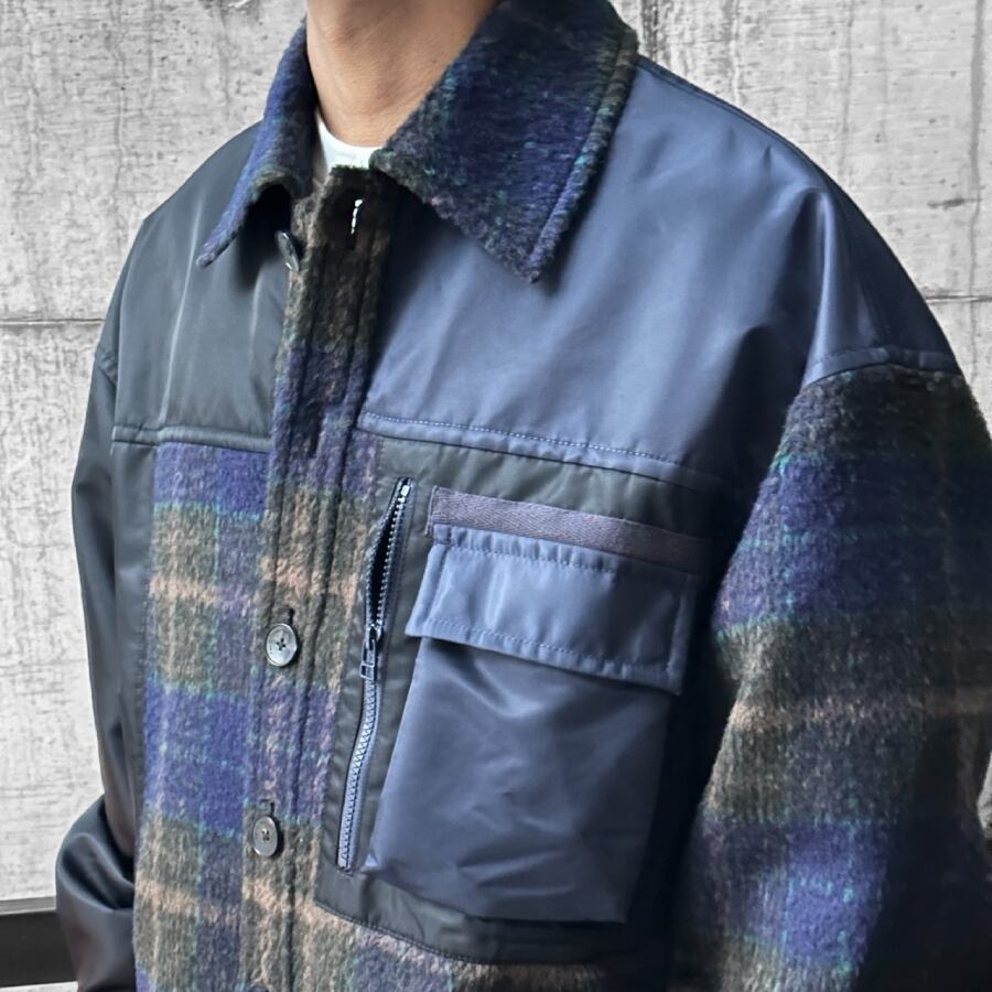 Feng Chen Wang】PANELLED FLANNEL SHIRT JACKET(NAVY) | AYIN