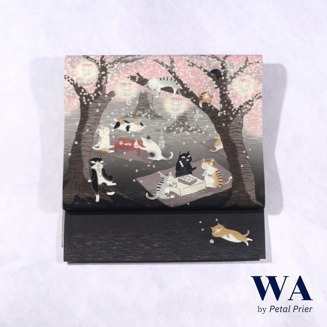 再入荷 .* 新品・未使用 WAKKA 正絹 京袋帯【お花見猫／夜桜】お仕立て