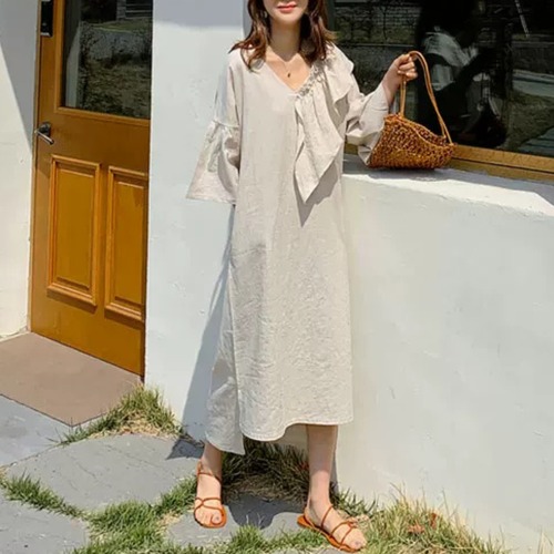 アシンメトリー フリル Vネックロングワンピース 00279 画像