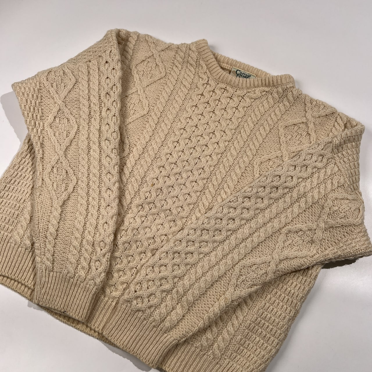 80s 90s アイルランド製 Carraig Donn フィッシャーマン ニット セーター S /アイボリー/アラン ケーブル セーター ビンテージ/男女でも