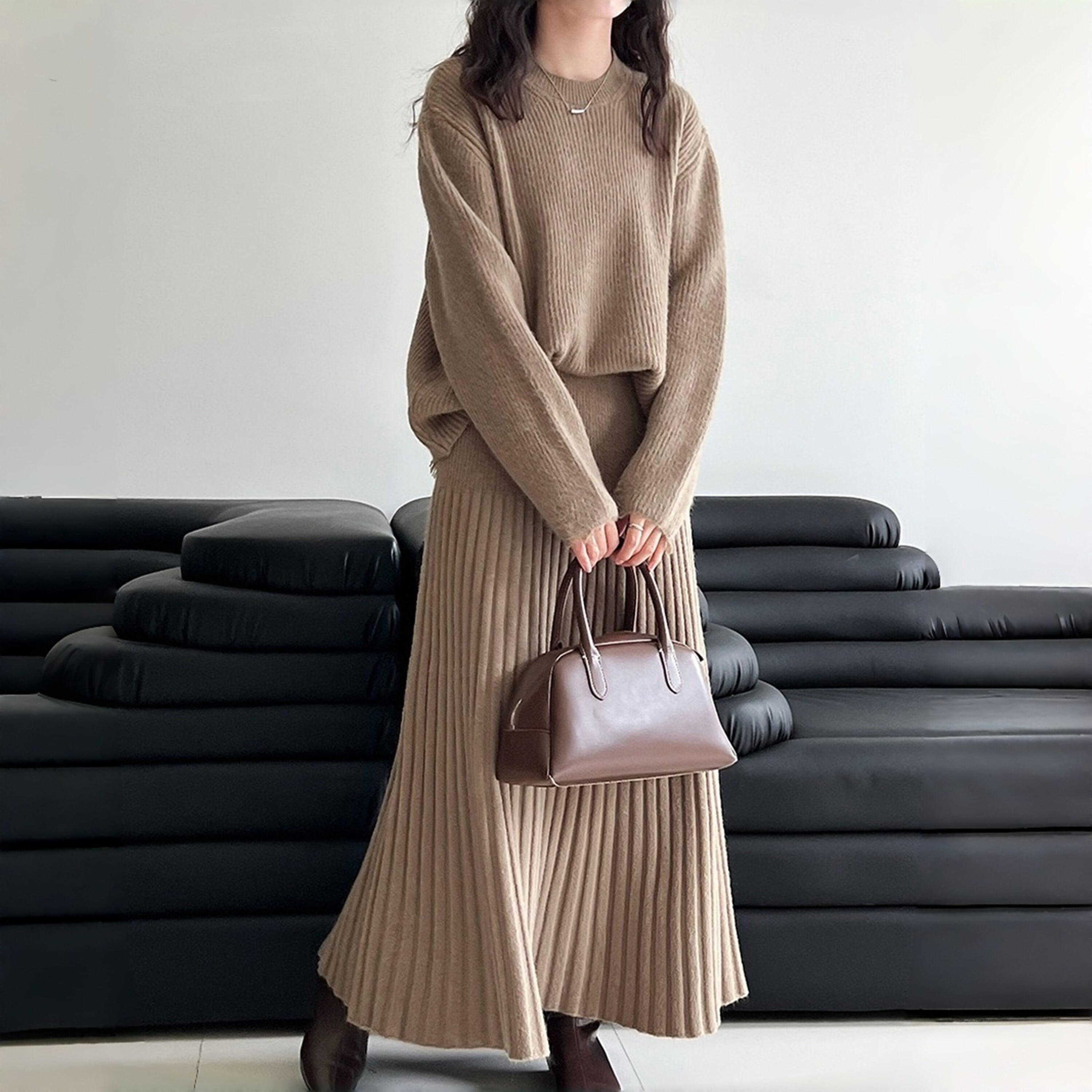 【set】ニットトップス×プリーツスカートセット Q7302