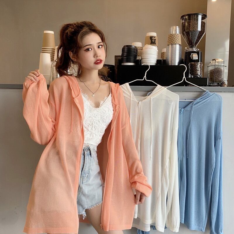 スプリングサマーシャツ ルーズジッパー薄手フードニットジャケット ロング 春物 夏物 YY-ファッション1184139309