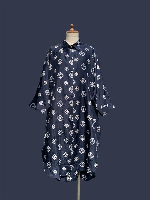 【限定品】　ロングシャツ　ドレス　コート　シルク　カンボジアシルク　絞り染め　涼しい　軽い　ブラック