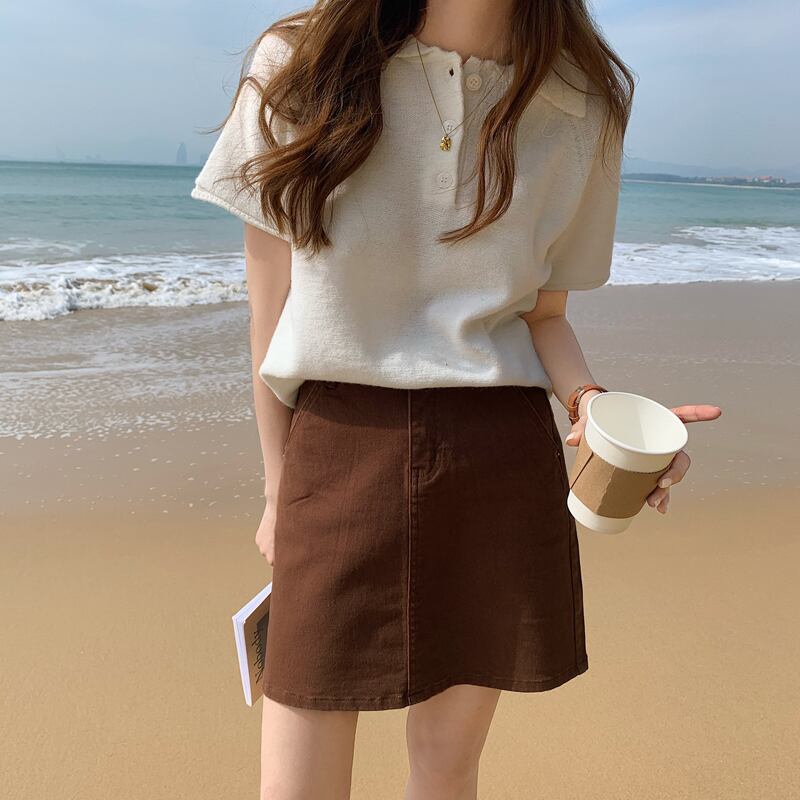 スタンダードカラースカート ハイウェストウェスト薄手Aラインソリッド ショート レトロ ソリッドカラー ビッグFスモールZ韓国87854601264