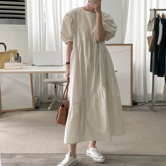 2カラー　レディース　アシンメトリーギャザーワンピース　韓国レディース服　ワンサイズ