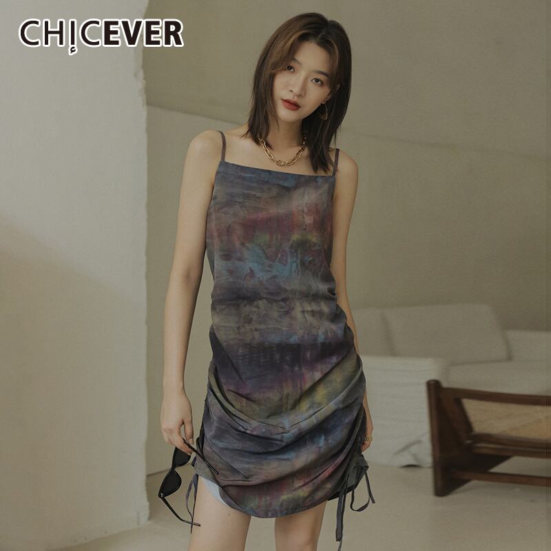 CHICEVER絞り染めドレスレディーススクエアカラーノースリーブスリングバックレス巾着シャーリングミニドレス2020夏 サマー 夏物 スクウェア 6base528252075627