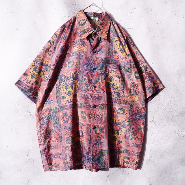 1990s  ” Thai silk ” ethnic art printed box drape silk shirt