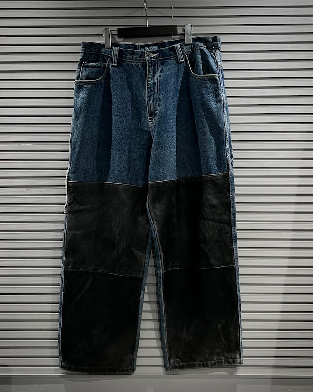 【X VINTAGE】Leather Switching Vintage Double Knee Painter Denim Pants