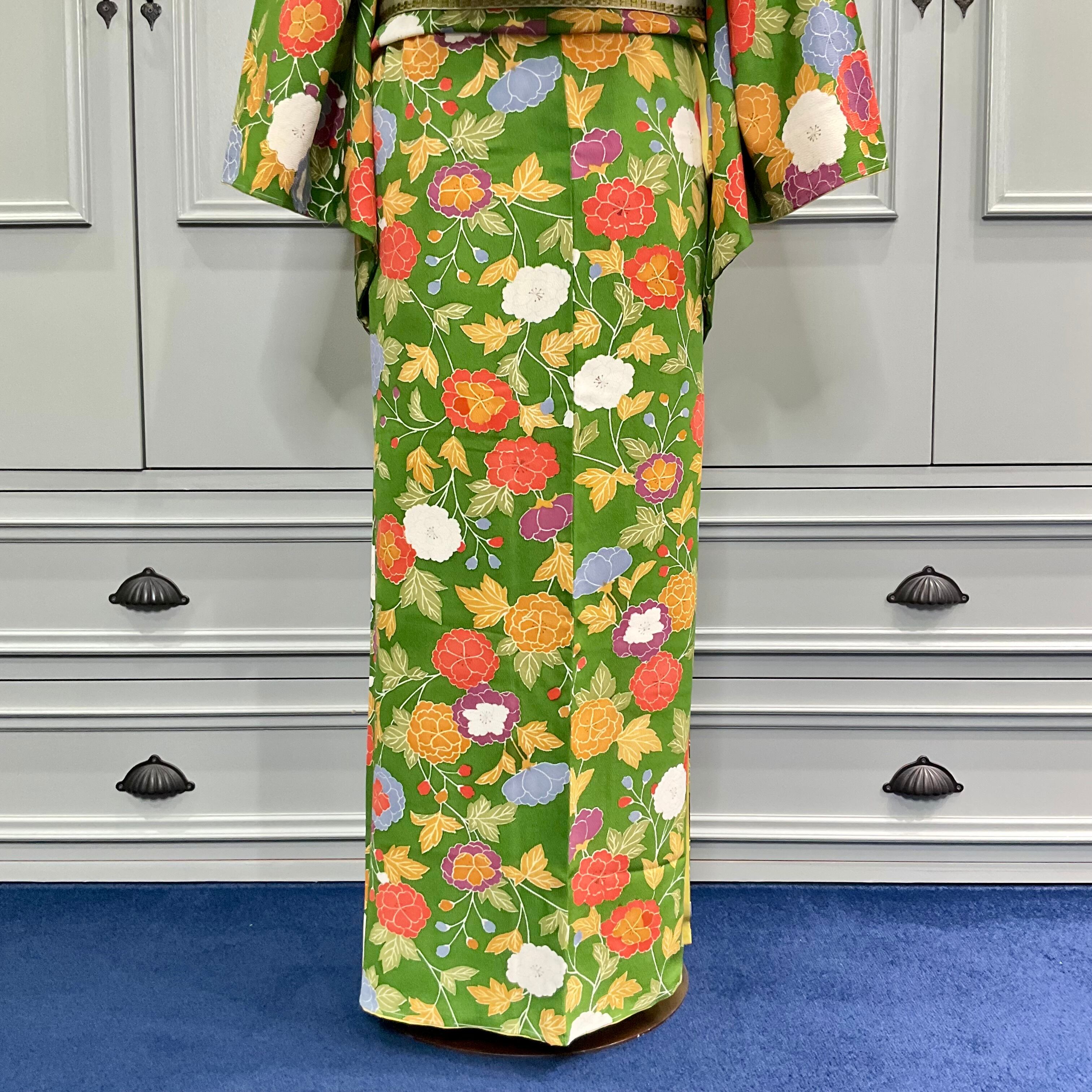 long*碧の園*未使用品 紅型調 縮緬 小紋着物 A907 | kimono tento long*碧の園*未使用品 紅型調 縮緬 小紋着物 A907 | kimono tento