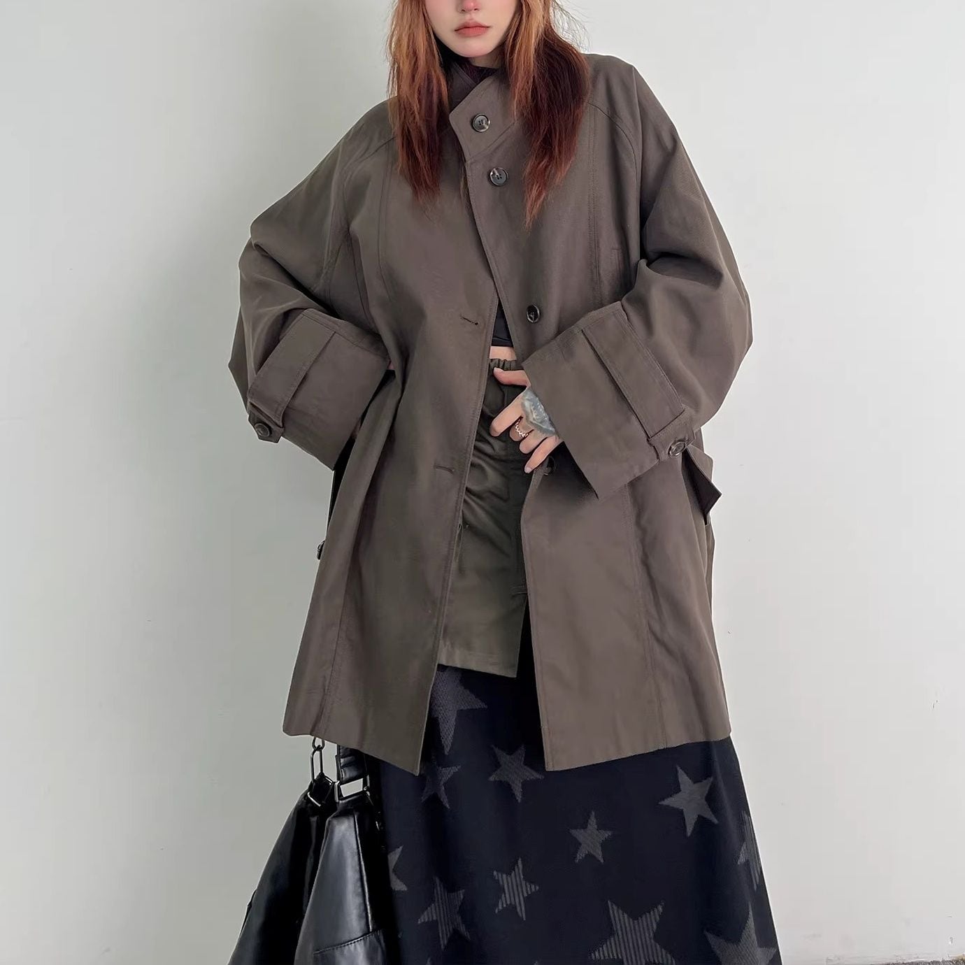 GRAY-BROWN RETRO STAND COLLAR MIDI TRENCH COAT 1color M-15665