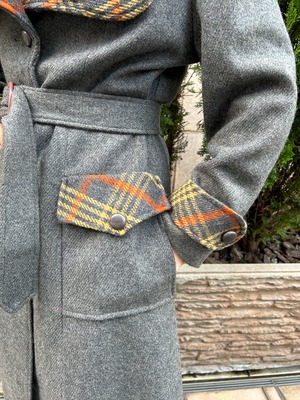 70's check gray coat with muffler& belt