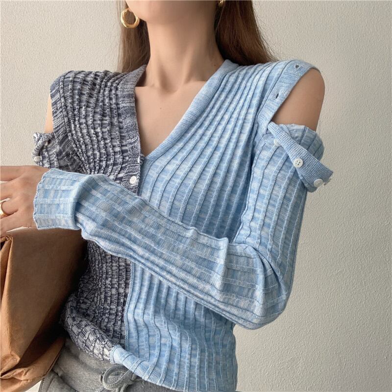 ストラップレス中空ニットセーター女性の2020年秋新しいVネックスリム長袖セーター、ボトミングシャツトップ ブラックストロベリース50710737426