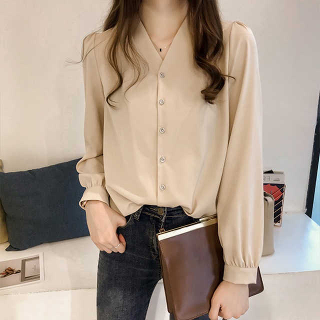 Vネックシャツ トップス 長袖 シンプル 無地 オフィス Ol 通勤 大人可愛い オフィスカジュアル カジュアル オールシーズン Mh1473 Valentina210 トレンドの韓国ファッションプチプラショップ