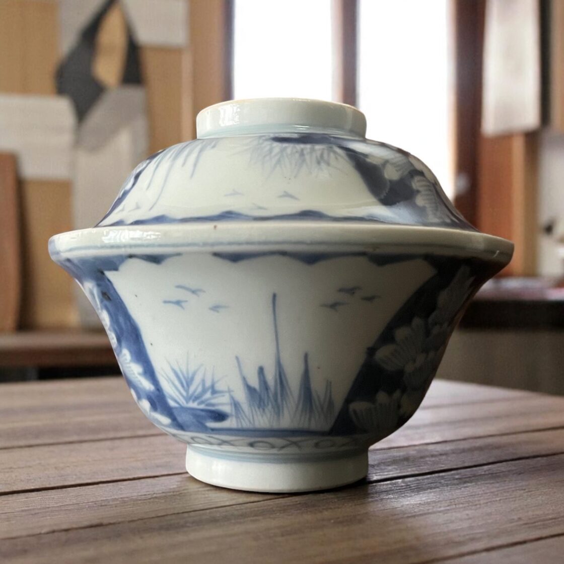 古伊万里 染付 牡丹図 蓋付き煮物碗（マルバツ入） | PAY ID