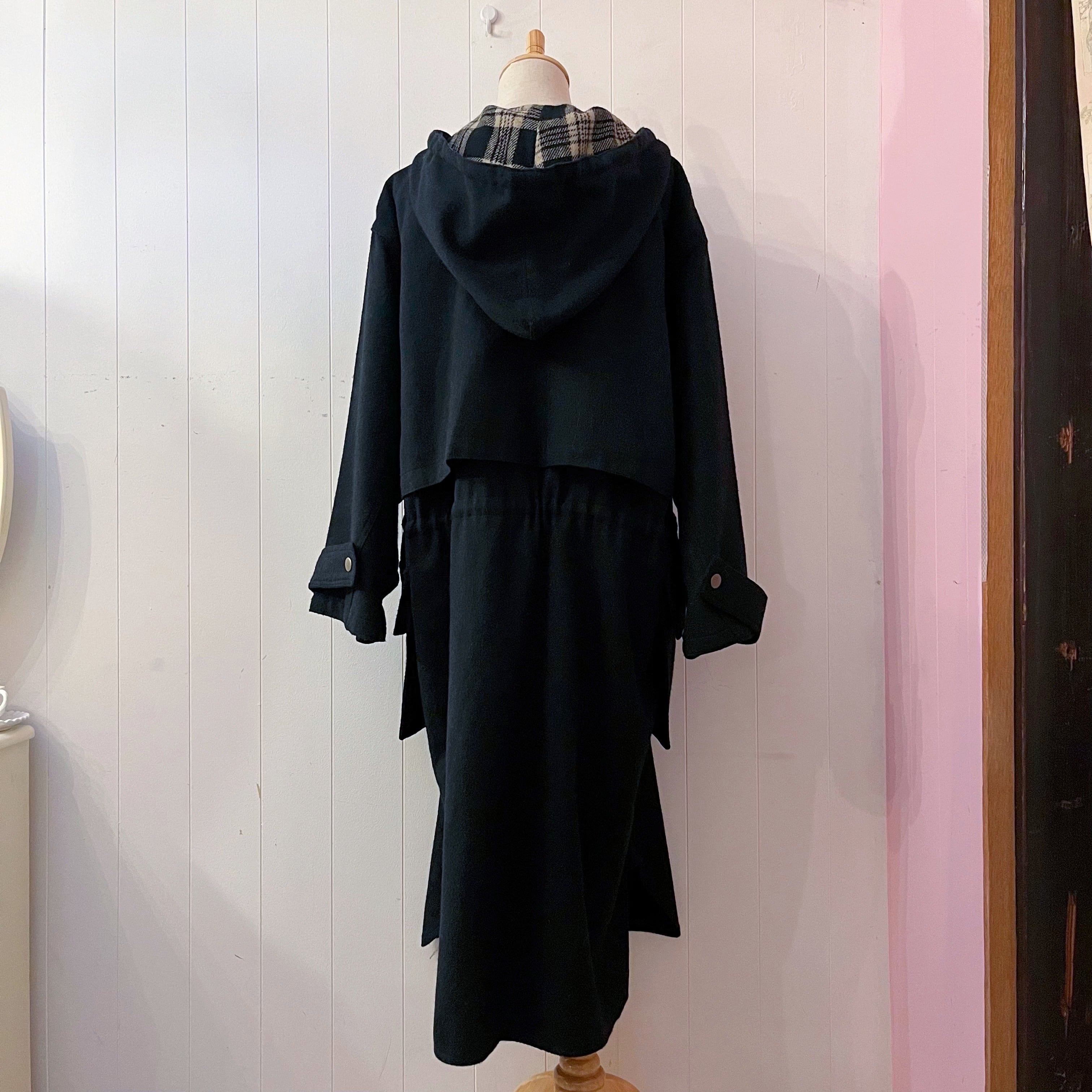 black beige check hoodie coat