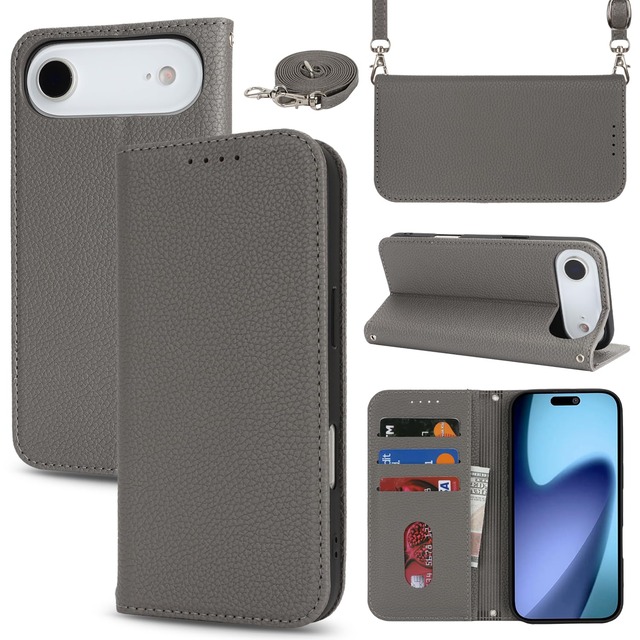 【Hamany】 対応 iphone 17 air ケース 手帳型 スマホ ショルダー カード収納 -グレー
