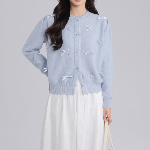 ボタン留めリブ編みラウンドネックニットカーディガン00232