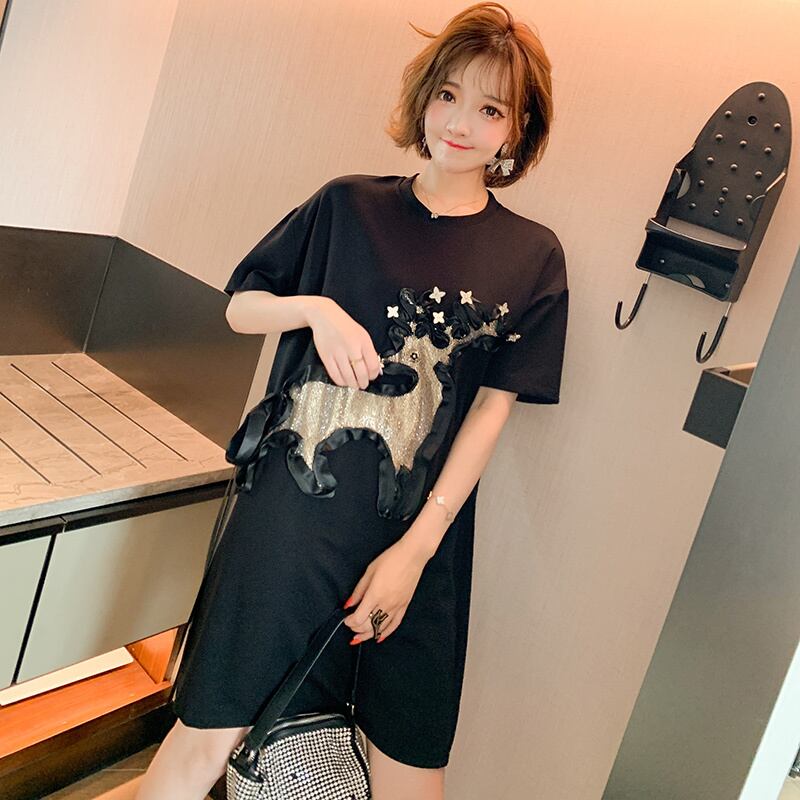 ラウンドネックラインストーンルーズTシャツ ドレス スプリング 春物 Oネック MIUCO80283122705