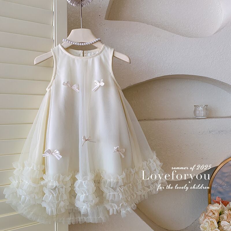 【予約販売】90-150cm ✨ 韓国子供服 立体リボン チュール ドレス ワンピース ノースリーブ フィッシュテール フォーマル 結婚式 発表会 誕生日 女の子 アイボリー ♡
