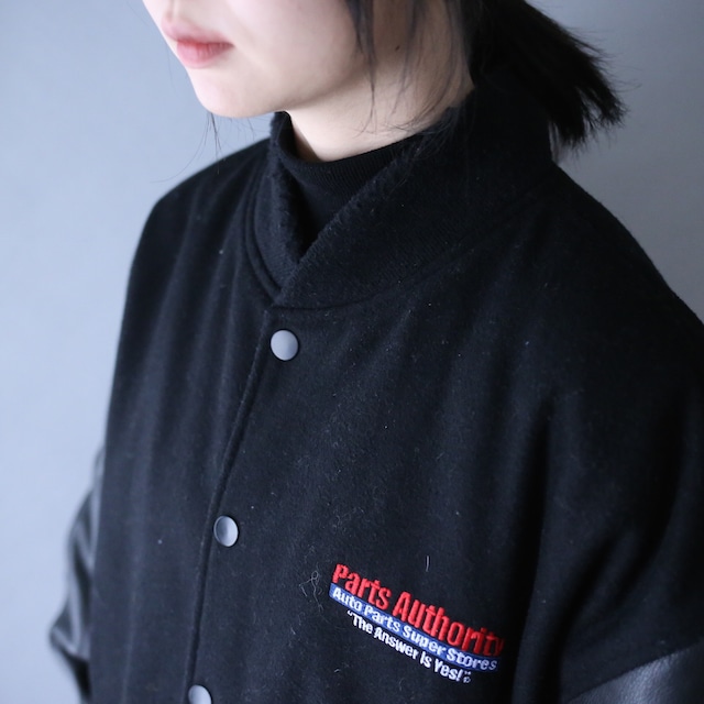 "wool × leather" switching design back embroidery over silhouette stadium blouson