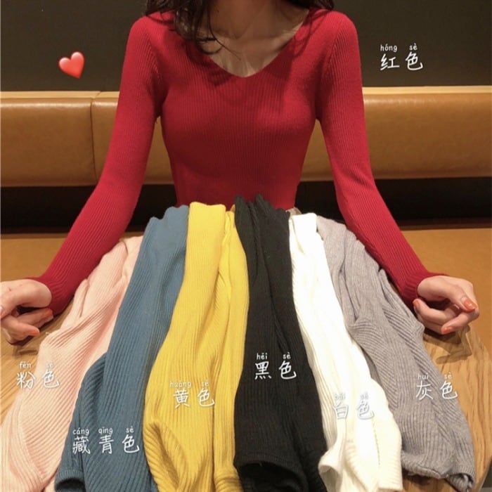 ピュアカラーVネックセーターレディース秋冬ウェア2020新スタイルオールマッチタイトトップボトミングシャツ長袖トレンド クレセントシティ38438418952