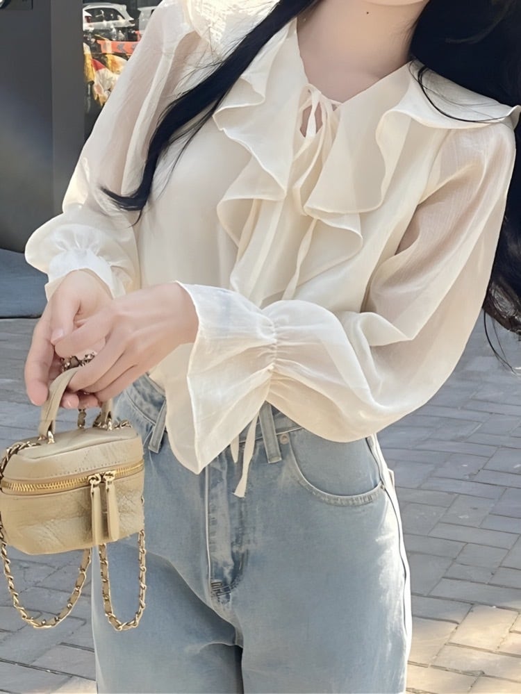 動くたびに揺れるフリルで可憐な印象をプラス フェミニンフリルブラウス ナチュラル 大人フェミニン オフィスカジュアル 大きいサイズ 韓国 CH9792