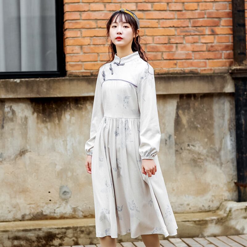 チャイナ風ワンピース チュニック ドレス 唐装 漢服 可愛い レトロ スタンドネック 長袖 ロング丈 改良型チャイナドレス S M L 着痩せ Elegant チャイナ風ワンピース チュニック ドレス 唐装 漢服 可愛い レトロ スタンドネック 長袖 ロング丈 改良型チャイナドレス S M L 着痩せ Elegant