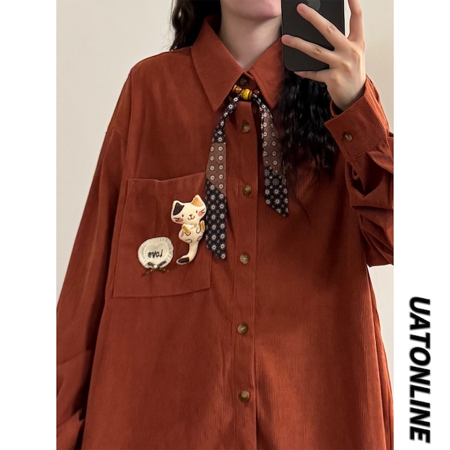 【UATONLINEシリーズ】★シャツ★ 2color トップス 長袖シャツ ユニセックス メンズ 猫柄 猫