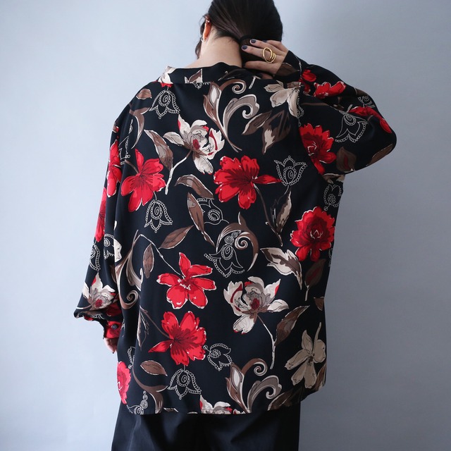 beautiful flower art pattern loose box silhouette open collar shirt