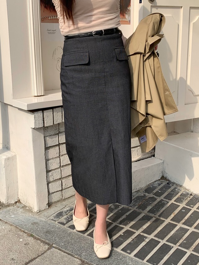 front slit pencil skirt (belt set) / 2color