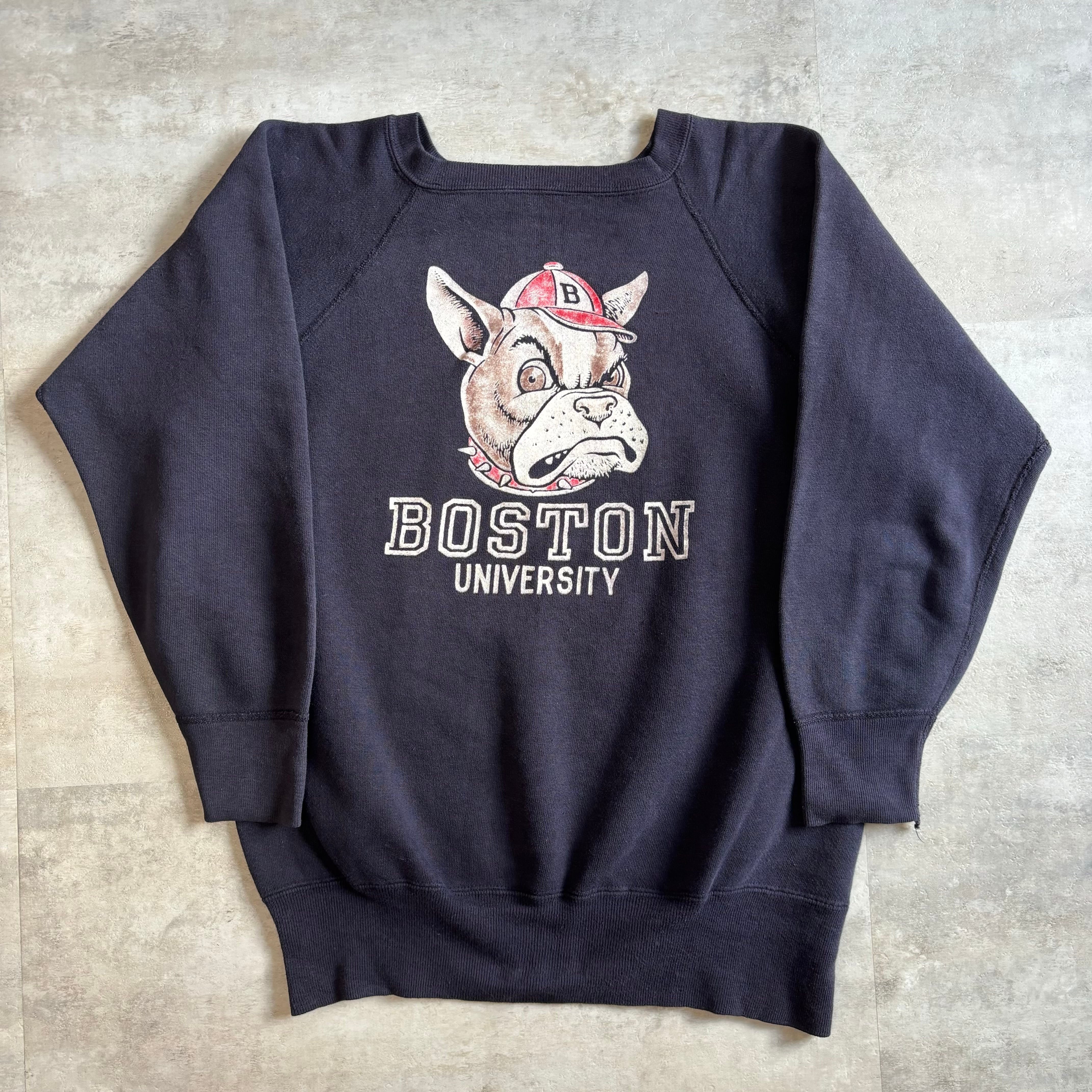 《L》60年代 vintage スウェット ブルドッグ BOSTON UNIVERSITY ラグランスリーブ フロッキープリント no.4073