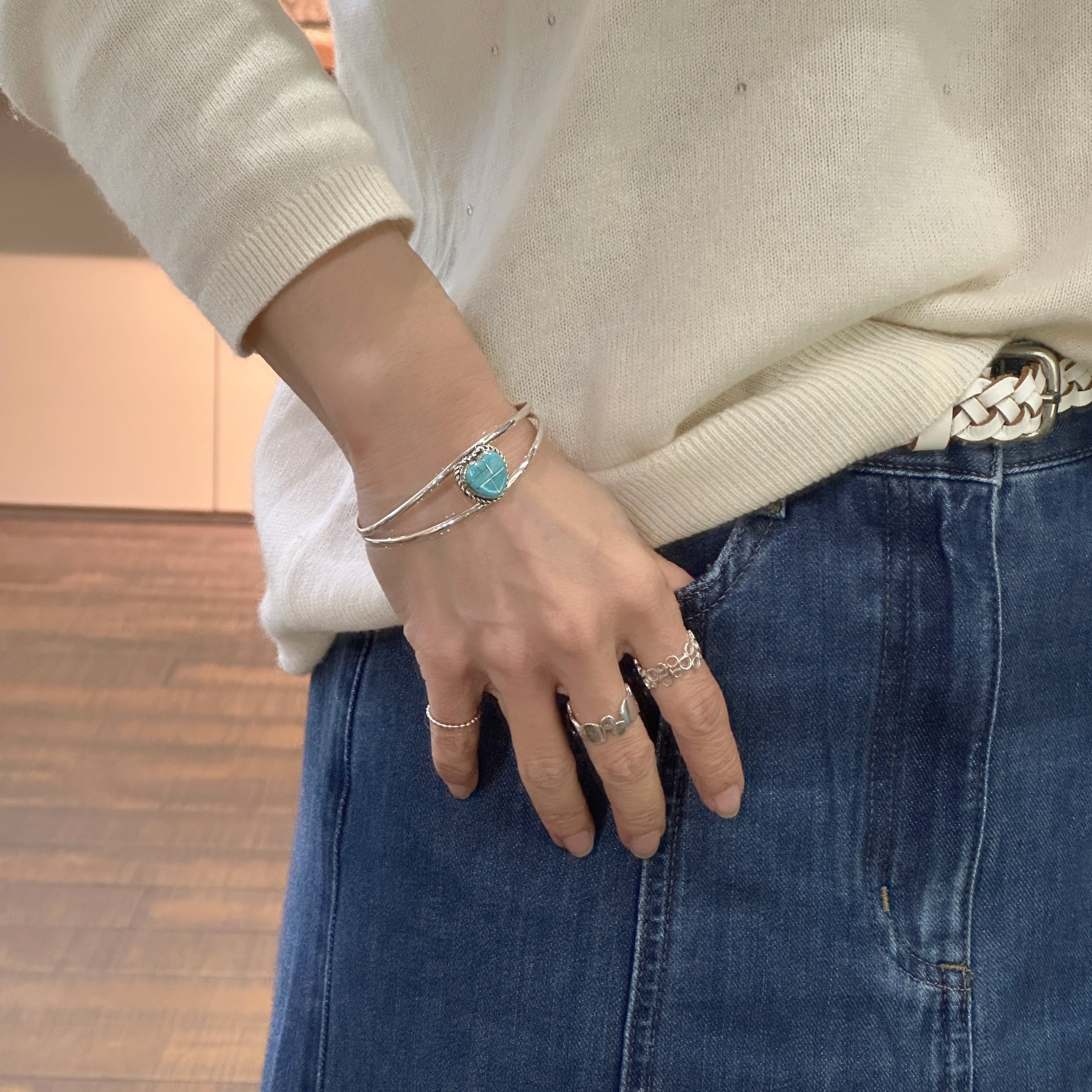 Indian Jewelry 》一点物 ハート シルバーインレイ ターコイズ