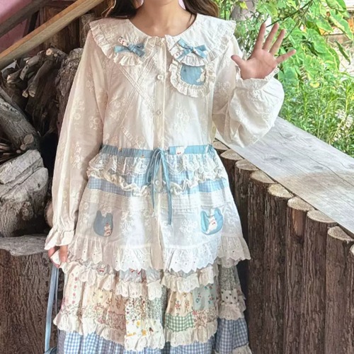 フリル襟リボンモチーフ刺繍ブラウス ・12448