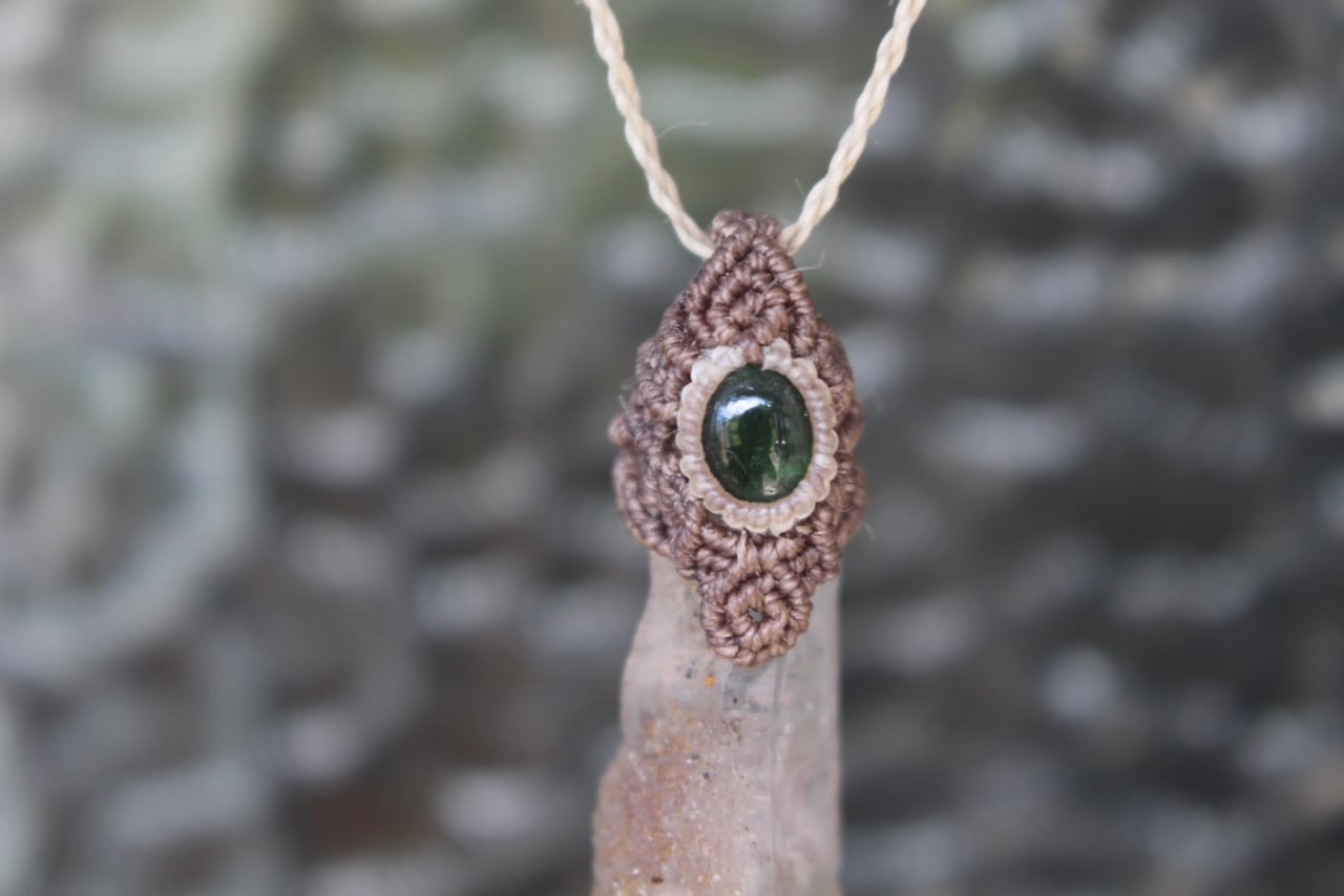 Amethyst point & Chrome Tourmaline  micro macrame pendant