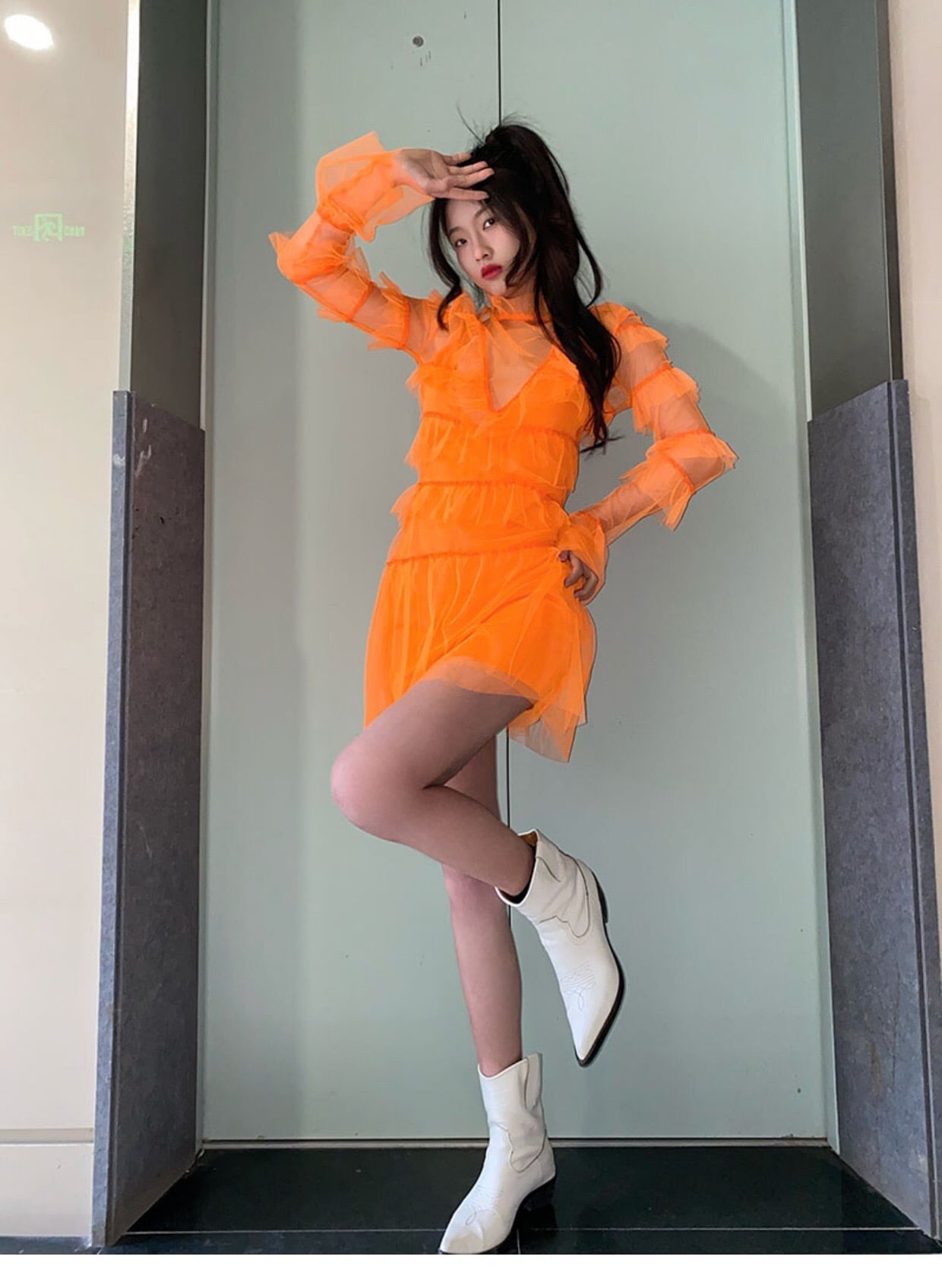 おまとめ専用　美品✨レリアン　オレンジとグリーンワンピース2枚 前後2WAY】さらりと大人上品に 楊柳フレンチワンピース（マキシ