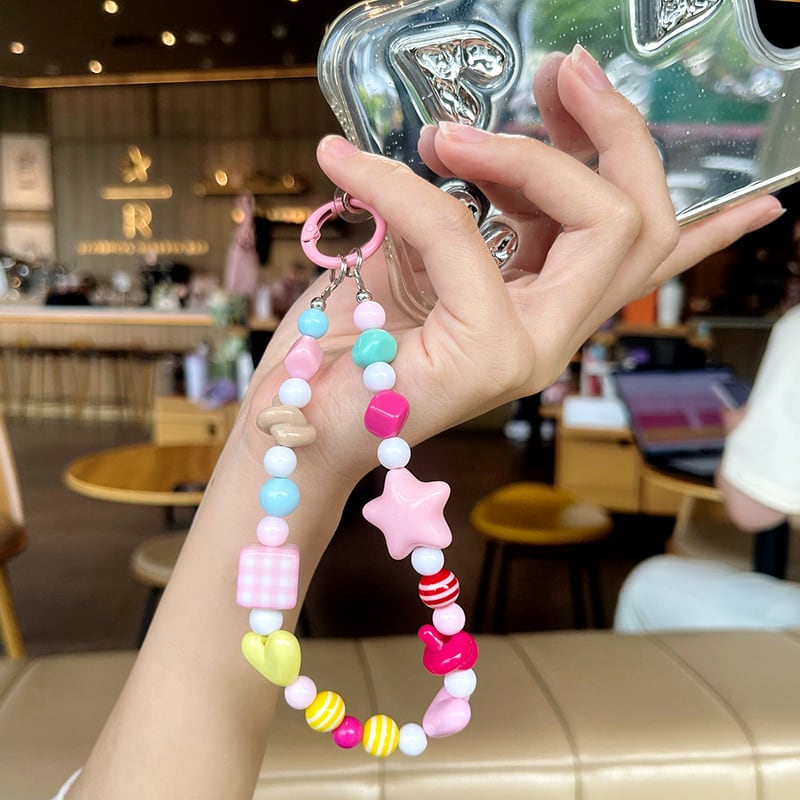カラフルビーズ スマホストラップ 星＆ハート キーホルダー バッグ