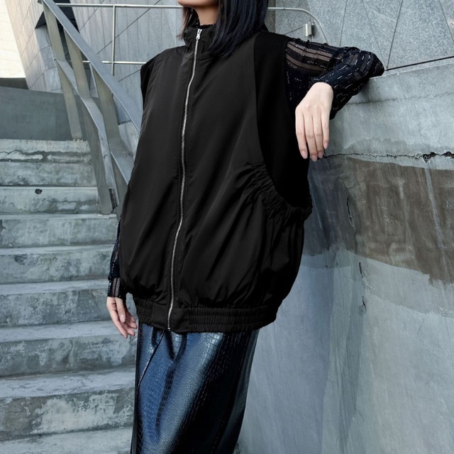 ジップアップ オーバーサイズ ヒップ丈 ベスト 2color JK0331