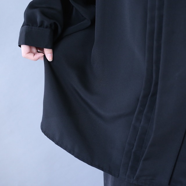 "刺繍" fry-front and pleats design black one-tone mode shirt