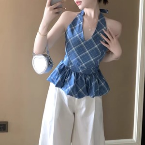 ホルターネックペプラムチェックトップス ・76053