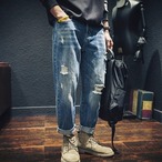 Damage Processed Straight Leg Mid Rise Denim Pants ◇H0782