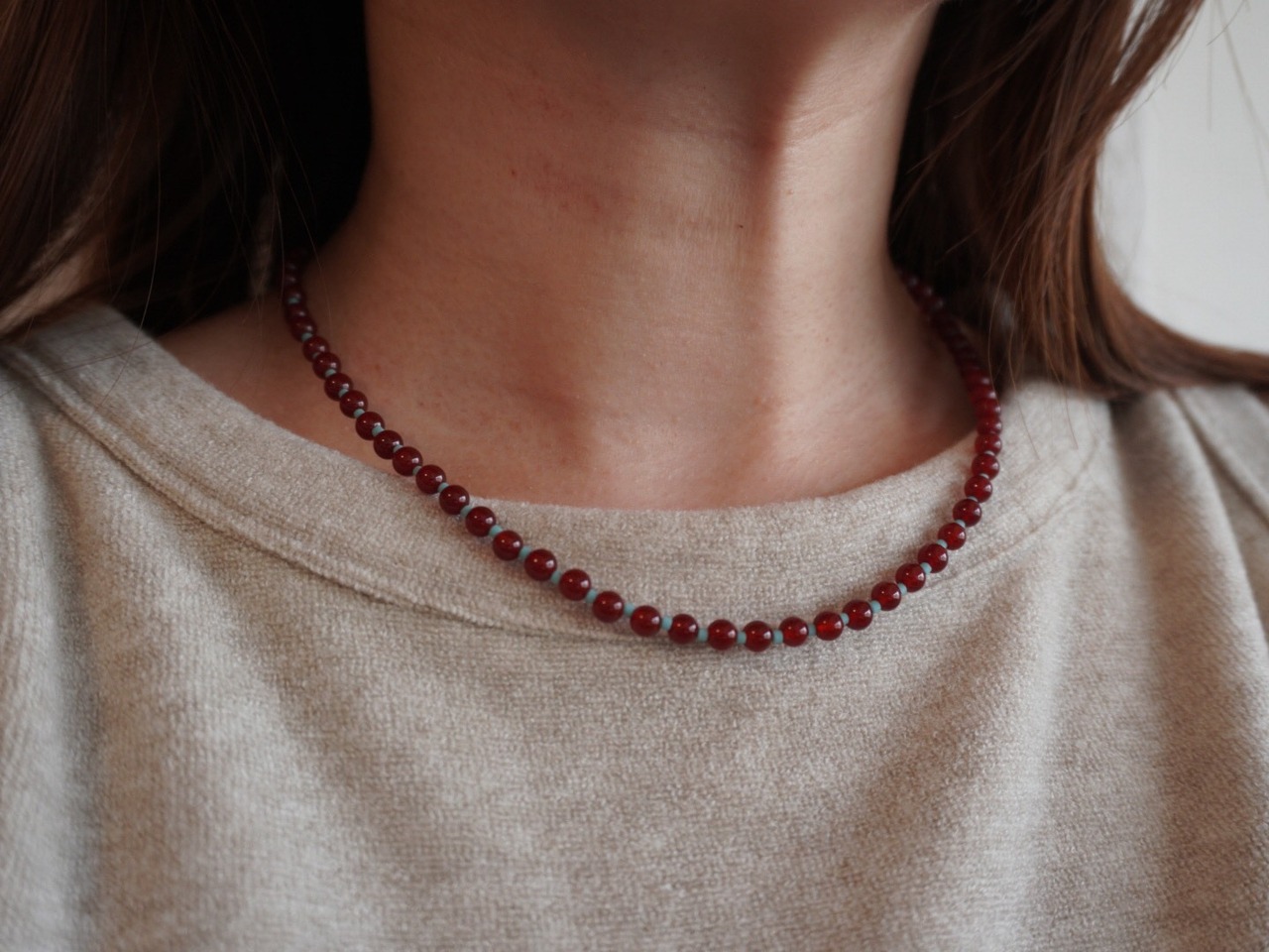 【 WAVE 】red agate × grass beads necklace