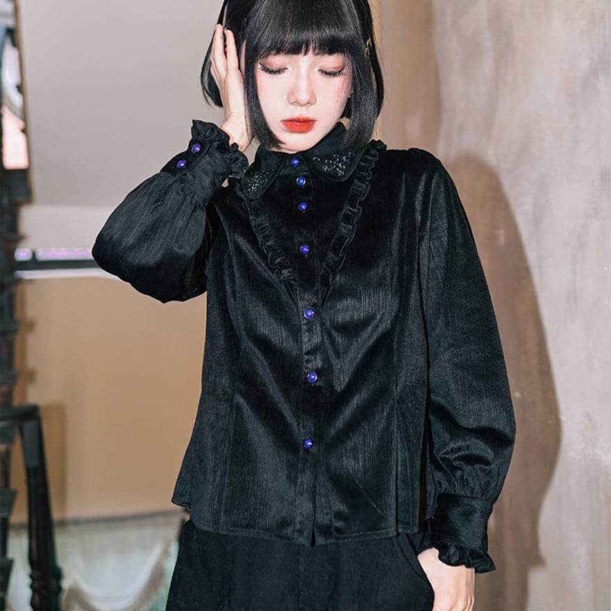 サブカル系中華 長袖シャツ 黒シャツ 刺繍 大人ゴシック 古怪舎